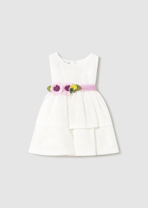 Baby Girl Tiered White Dress with Floral Belt