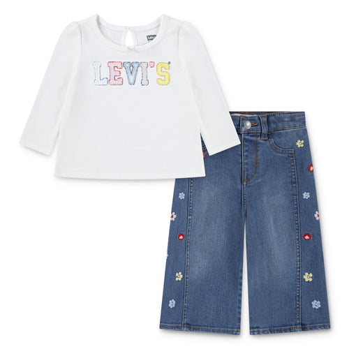 Baby Girl White Top & Floral Denim Trousers Set