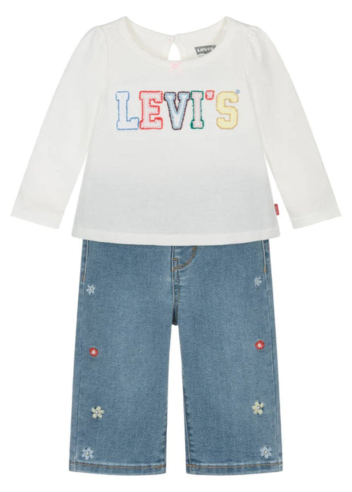 Baby Girl White Top & Floral Denim Trousers Set