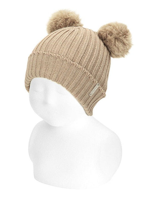 BEIGE Baby Rib Knit Hat with Two Faux Fur Pompoms