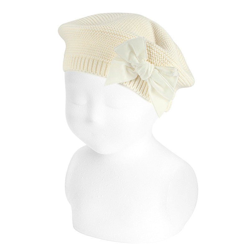 BEIGE Garter Stitch Beret With Velvet Bow