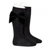 BLACK Cotton Knee Socks with Black Velvet Bow
