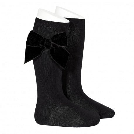 BLACK Cotton Knee Socks with Black Velvet Bow
