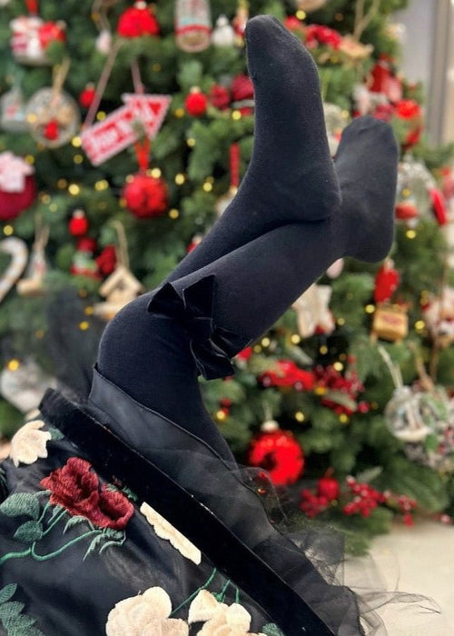 BLACK Cotton Tights with Velvet Bow (A/W)