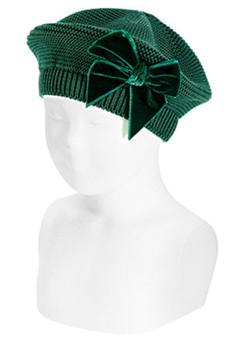BOTTLE GREEN Girls Beret with Velvet Bow