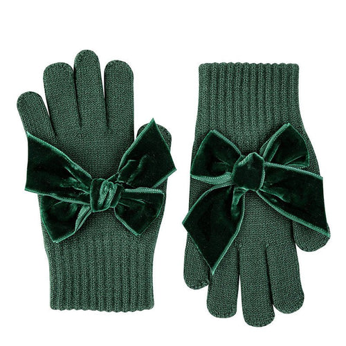 BOTTLE GREEN Gloves with Giant Velvet Bow