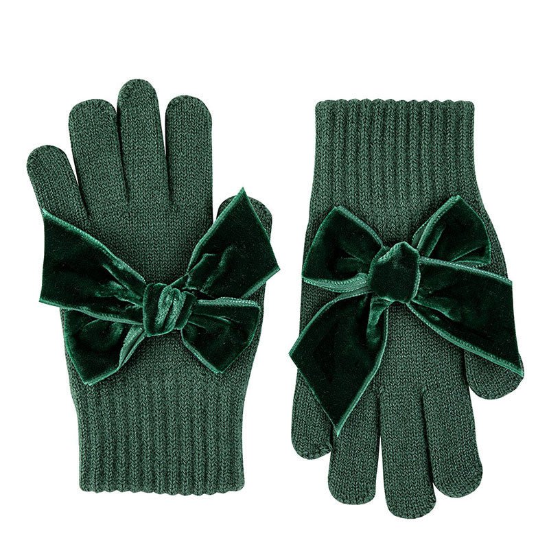 BOTTLE GREEN Gloves with Giant Velvet Bow