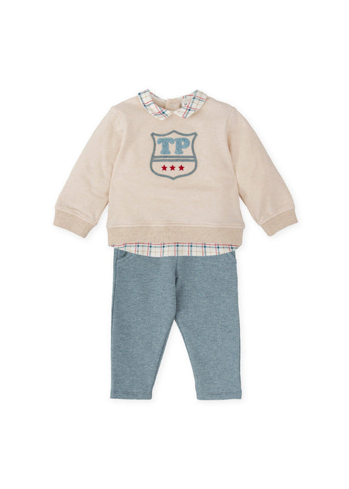 Boys Beige Shield Sweatshirt & Blue Trousers Set