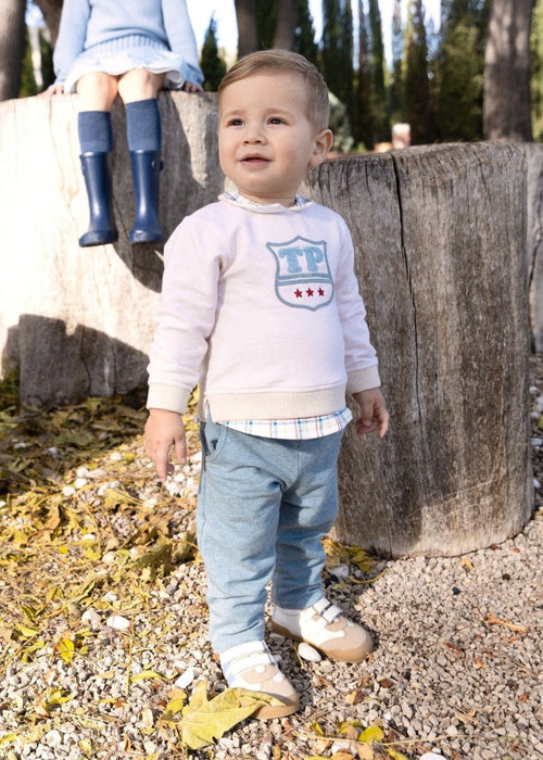 Boys Beige Shield Sweatshirt & Blue Trousers Set