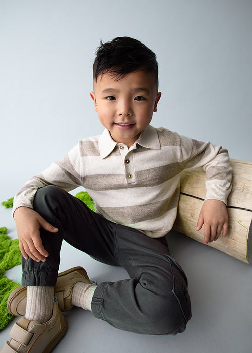 Boys Beige Striped Knit Polo Jumper