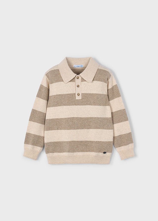 Boys Beige Striped Knit Polo Jumper