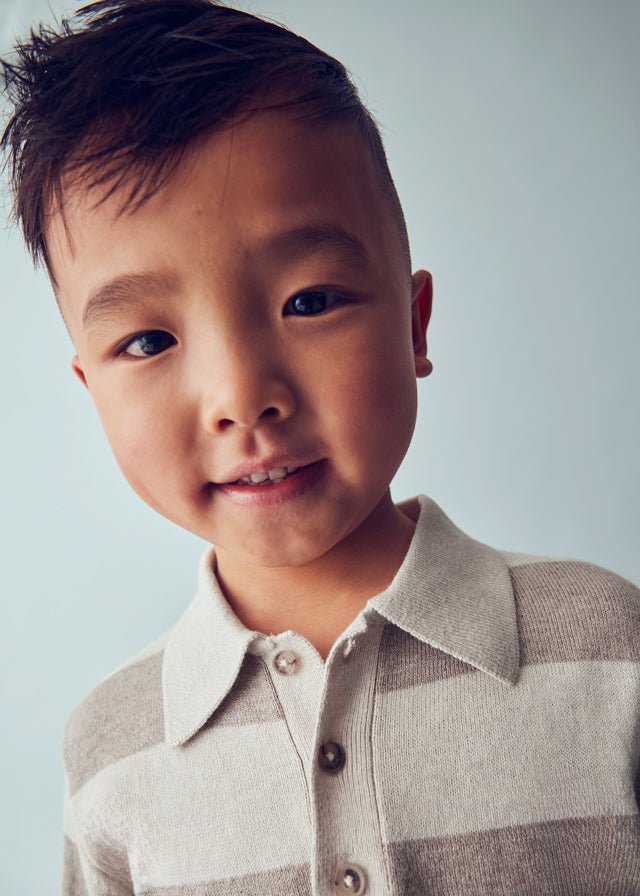 Boys Beige Striped Knit Polo Jumper