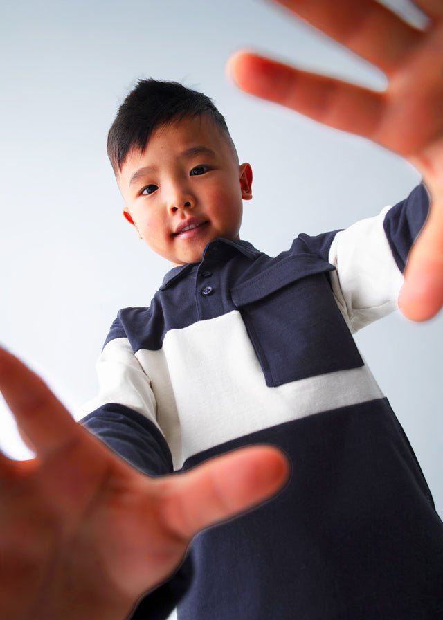 Boys Colourblock Polo Top in Navy and Beige
