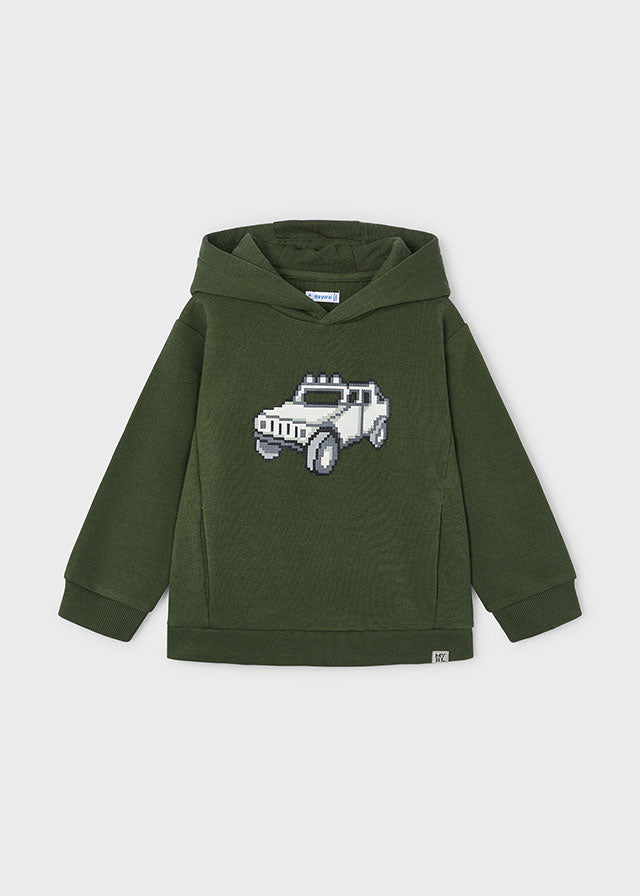 Boys' Moss Green Hoodie with Pixel Car Print