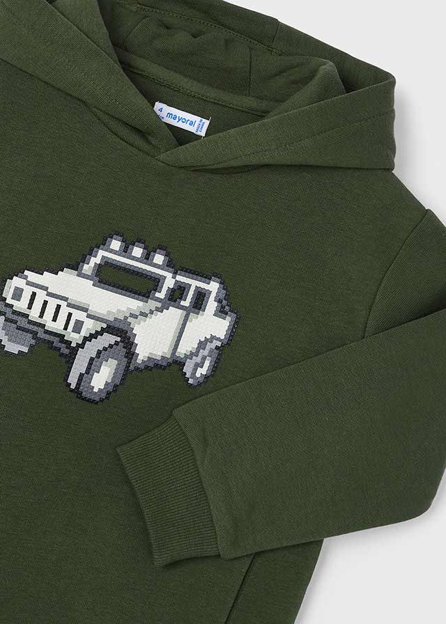 Boys' Moss Green Hoodie with Pixel Car Print