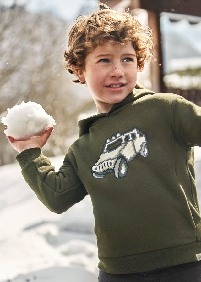 Boys' Moss Green Hoodie with Pixel Car Print