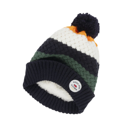Boys Navy & Orange Knitted Hat With Pom - Pom