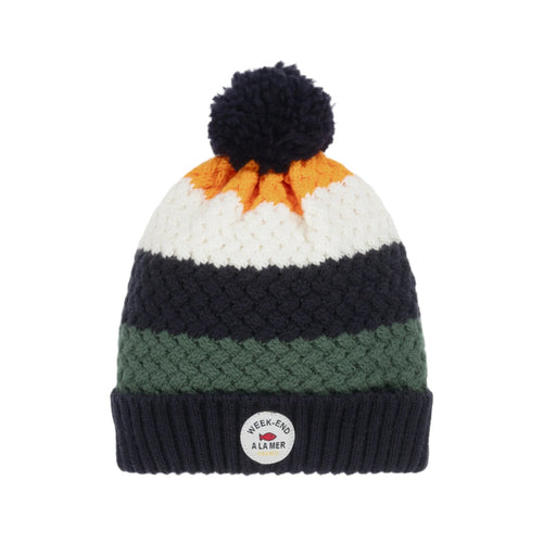 Boys Navy & Orange Knitted Hat With Pom - Pom