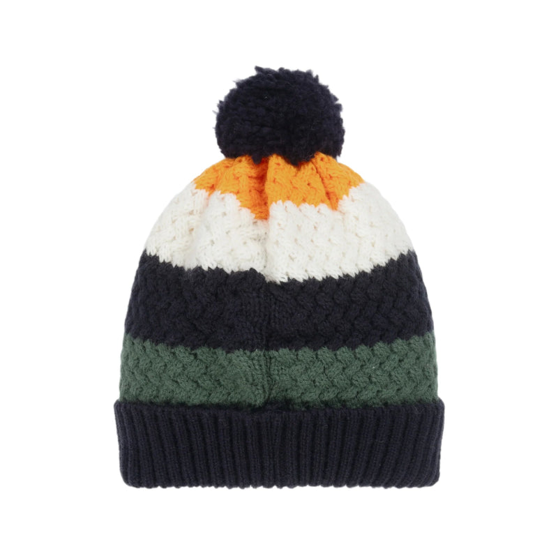 Boys Navy & Orange Knitted Hat With Pom - Pom