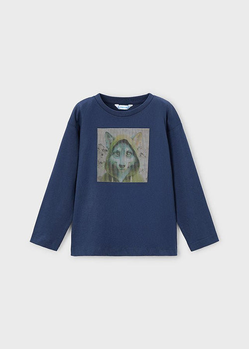 Boys Navy Wolf Graphic Long Sleeve T-Shirt