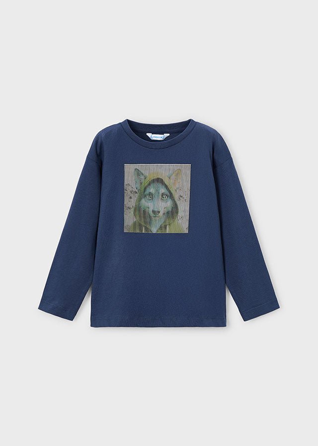 Boys Navy Wolf Graphic Long Sleeve T-Shirt