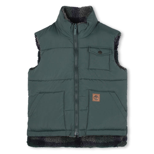 Boys Reversible Green and Check Sherpa Puffer Gilet