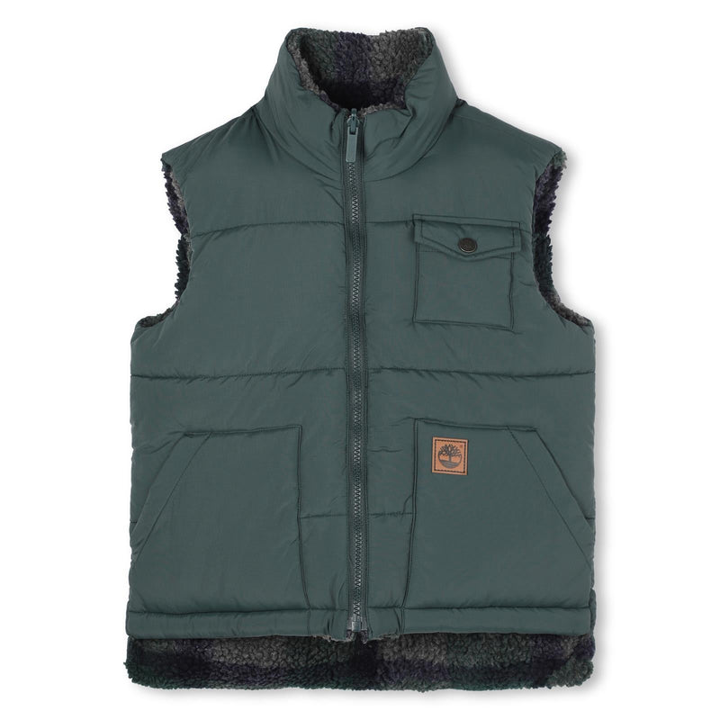 Boys Reversible Green and Check Sherpa Puffer Gilet