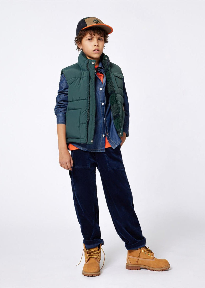 Boys Reversible Green and Check Sherpa Puffer Gilet