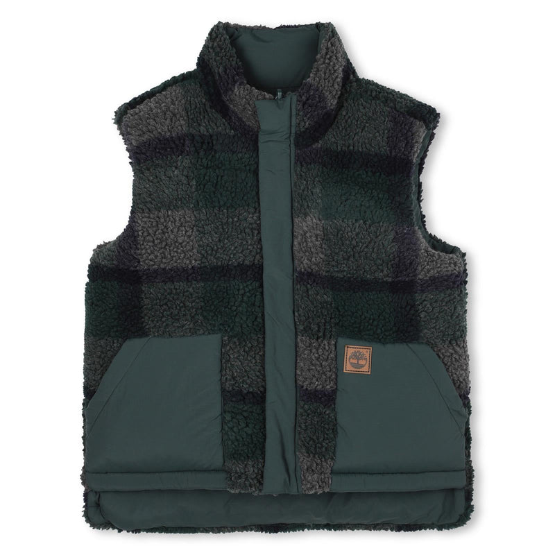 Boys Reversible Green and Check Sherpa Puffer Gilet