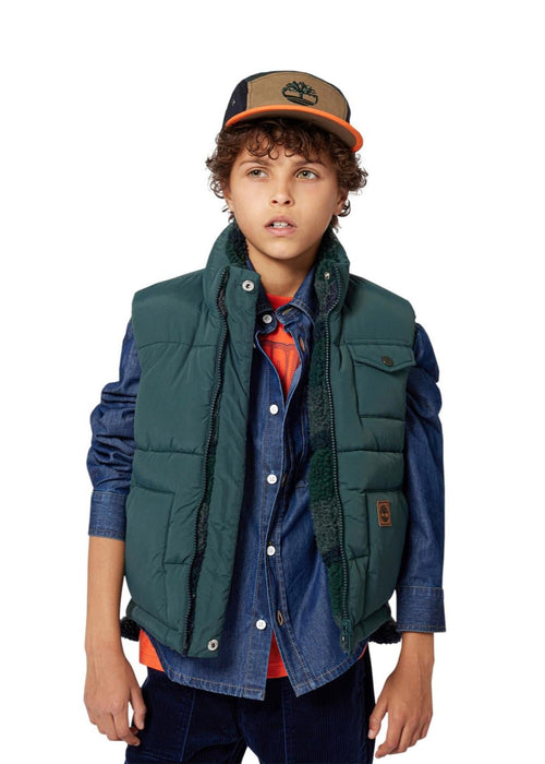 Boys Reversible Green and Check Sherpa Puffer Gilet