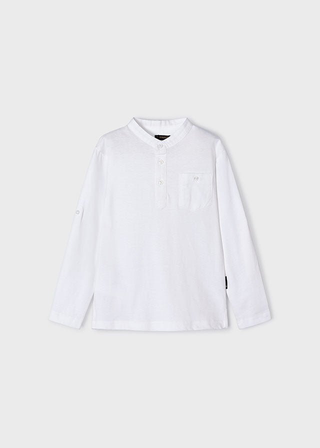 Boys White Long Sleeved Mao Collar Shirt