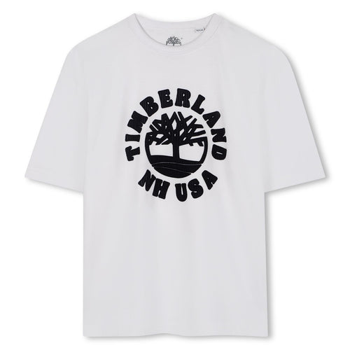 Boys White Tee with Black Flocked Logo