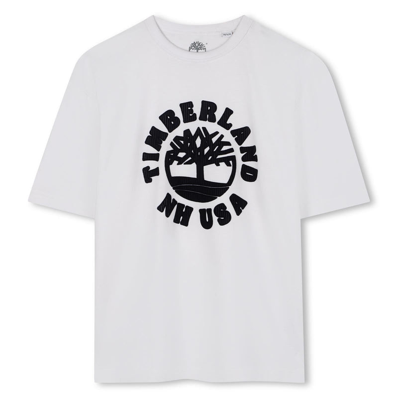 Boys White Tee with Black Flocked Logo