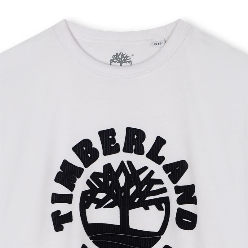 Boys White Tee with Black Flocked Logo
