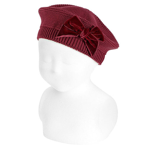 BURGUNDY RED Garter Stitch Beret With Velvet Bow