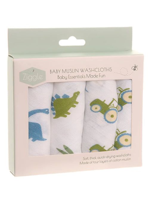 Dino & Tractor Baby Washcloth – 4 Pack (25 x 25 cm)