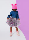 Girls Denim & Mesh Dress With Leopard Heart Print