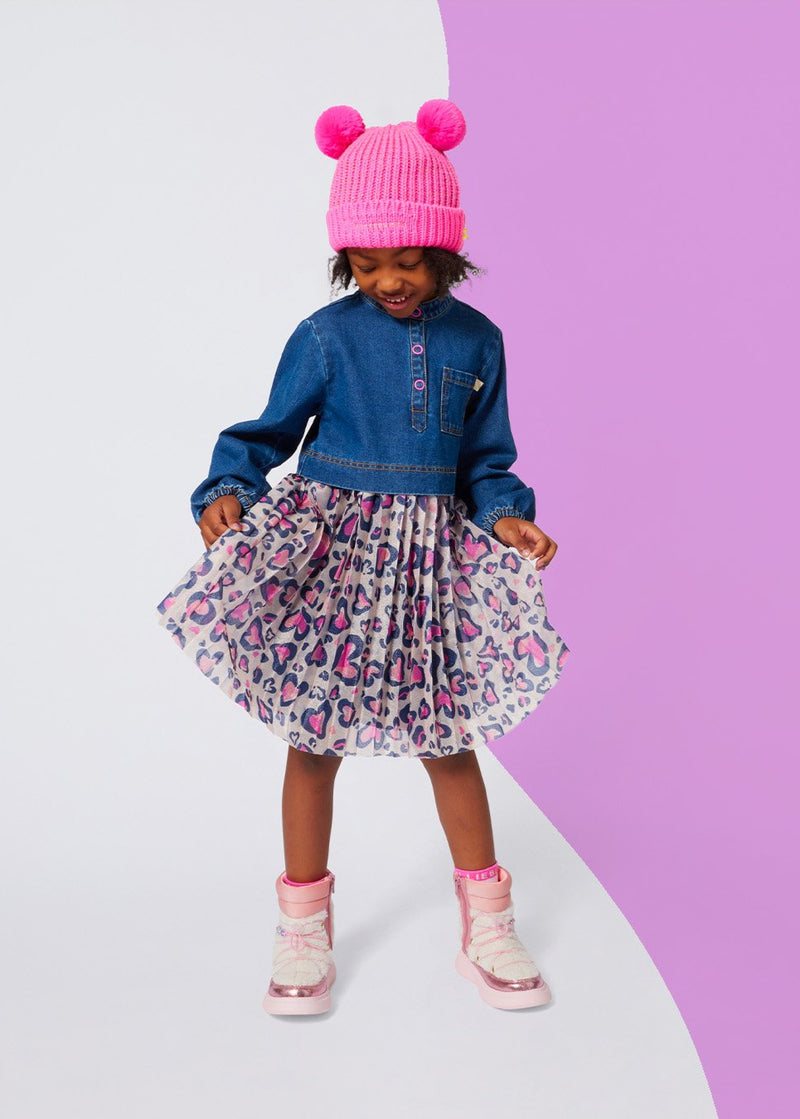 Girls Denim & Mesh Dress With Leopard Heart Print