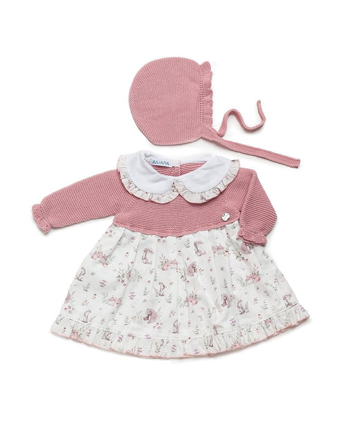 Dusky Pink Knit Dress & Bonnet with Forest Animal Print (Juliana)