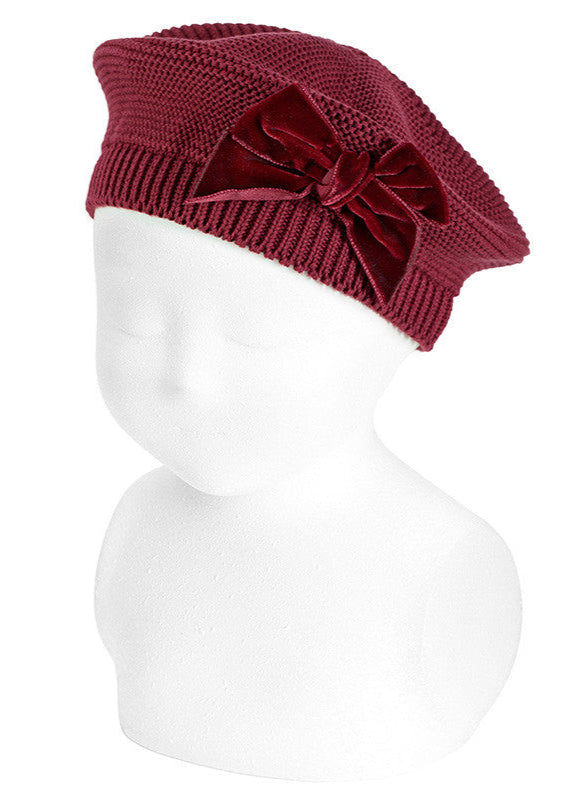 BURGUNDY RED Girls Beret with Velvet Bow