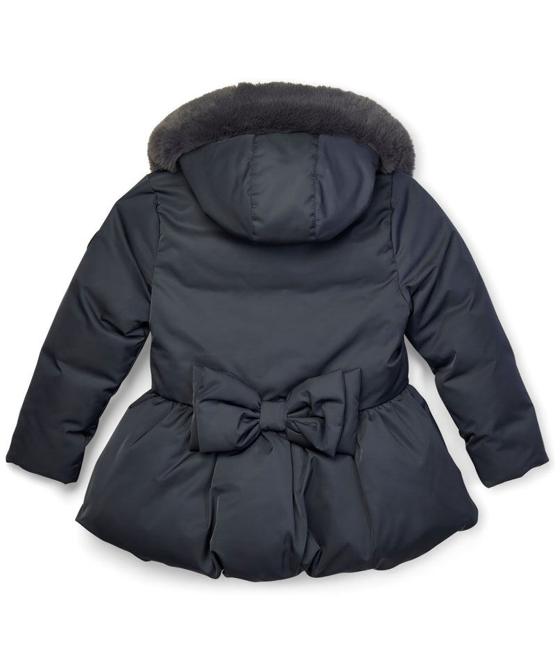 Girl Dark Grey Padded Bow Jacket with Faux Fur Collar
