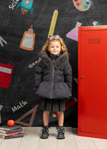 Girl Dark Grey Padded Bow Jacket with Faux Fur Collar