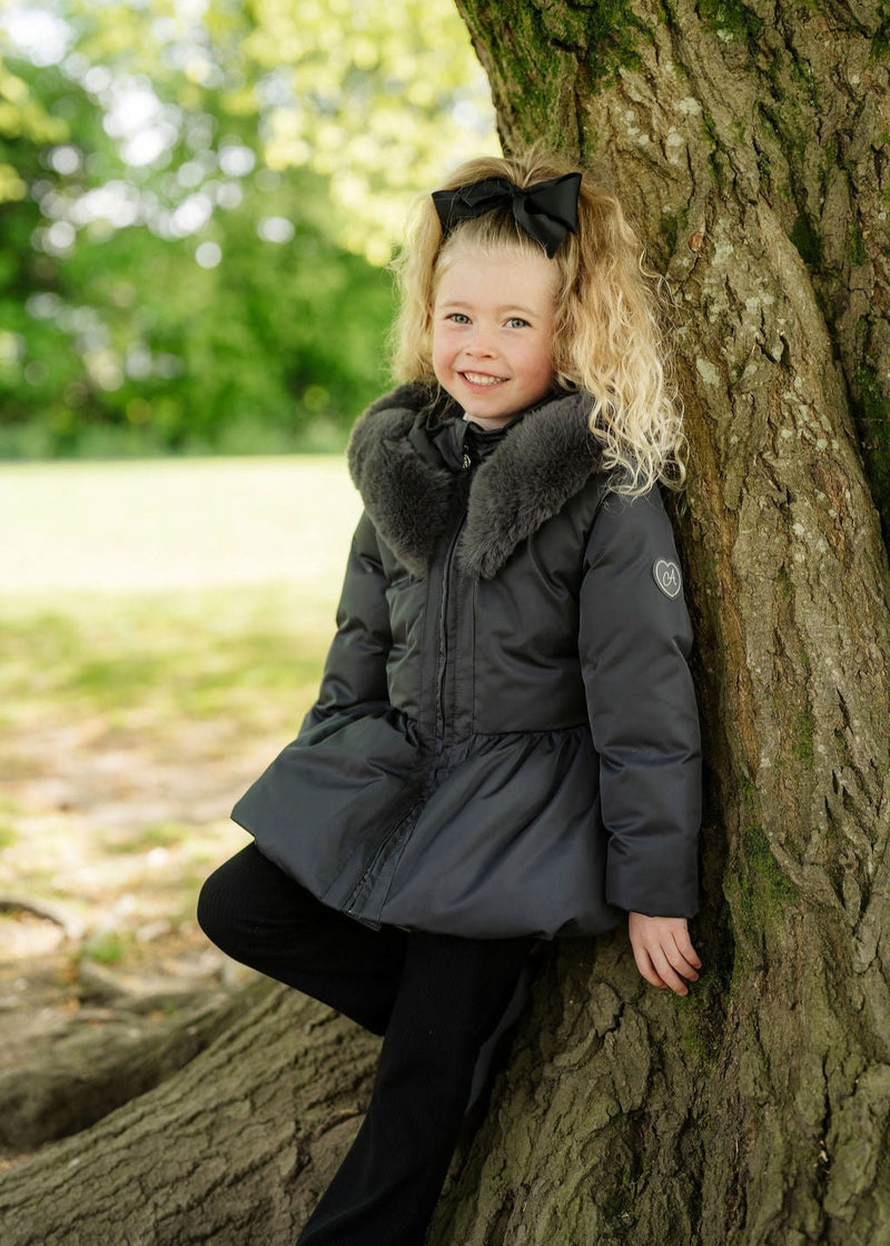 Girl Dark Grey Padded Bow Jacket with Faux Fur Collar