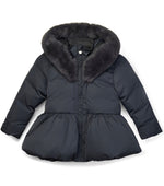 Girl Dark Grey Padded Bow Jacket with Faux Fur Collar