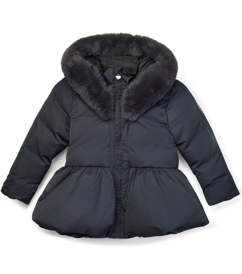 Girl Dark Grey Padded Bow Jacket with Faux Fur Collar