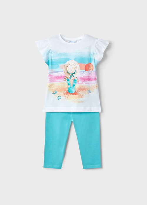 Girls Aqua Blue Beach Print Leggings Set