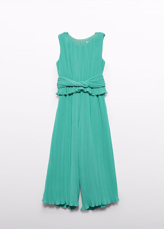 Girls Aqua Green Pleated Gauze Jumpsuit