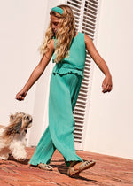 Girls Aqua Green Pleated Gauze Jumpsuit