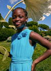 Girls Aqua Pleated Jumpsuit With Flower Detail