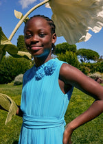 Girls Aqua Pleated Jumpsuit With Flower Detail